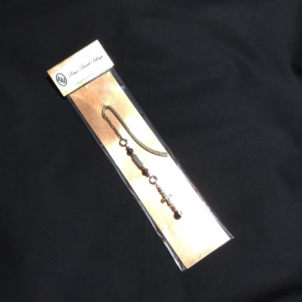 Metal Shepherds Hook Bookmark w/Chain, Metal Cross Bd, Gemstone Bds, & Glass Bds